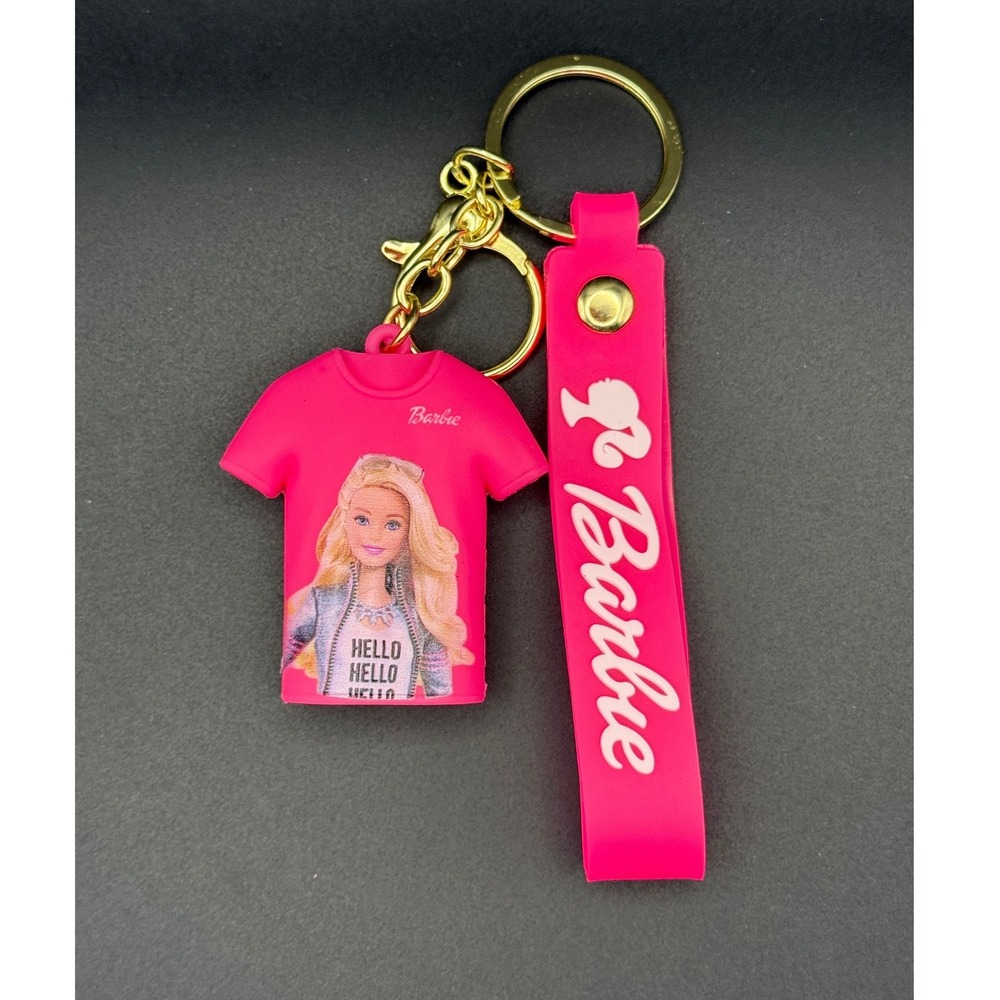 Barbie Pink T Shirt Charm Keychain with Barbie Logo Strap and Gold Tone Hardware